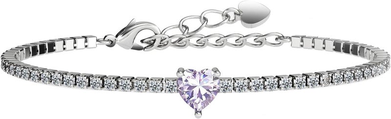 AllenCOCO Sterling Silver Heart Birthstone Bracelet, 14K White Gold Plated, AAAAA+ CZ Cubic Zirconia, Tennis Chain with Heart Charm, Hypoallergenic, Non-Tarnish Jewelry Gift for Women - Image 1